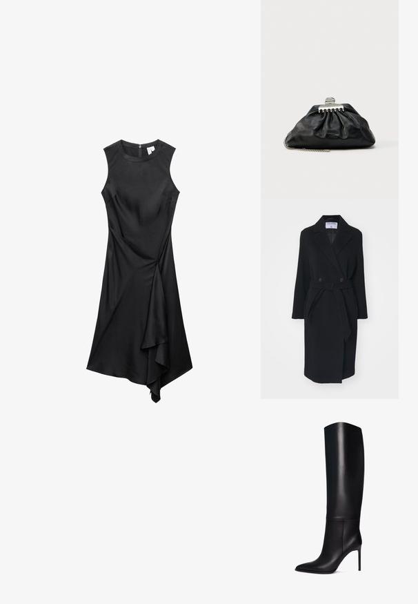 Schwarzer Wollmantel mit Reverskragen, doppelten Knöpfen und einem Taillengürtel. Mit langen Ärmeln und seitlichen Taschen. Strukturiert.; Ärmelloses schwarzes Kleid mit rundem Ausschnitt und asymmetrischem, drapiertem Saum, ausgestattet mit einem Reißverschluss auf der Rückseite.; Knöchelhohe schwarze Leder-Stiletto-Stiefel mit spitzem Zeh. Glatte Textur, strukturiertes Design und schmaler hoher Absatz. Keine sichtbaren Beschläge oder Muster.; Schwarze Leder-Clutch mit gerafftem Design, silberner Verschluss-Hardware und Kettenriemen. Dezentes Markenlogo auf der Vorderseite geprägt.