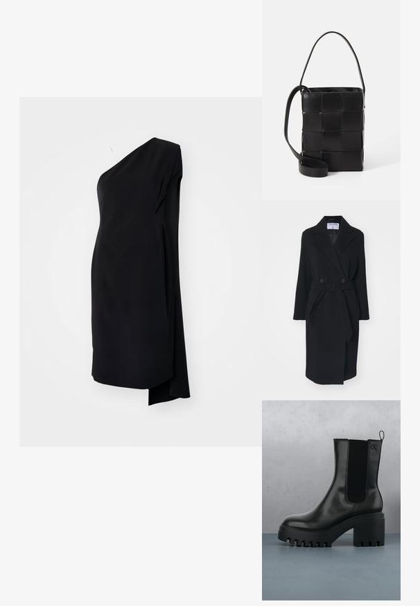 Schwarzer Wollmantel mit Reverskragen, doppelten Knöpfen und einem Taillengürtel. Mit langen Ärmeln und seitlichen Taschen. Strukturiert.; Schwarzes asymmetrisches Kleid mit einem Schulterträger, aus glattem Stoff, mit drapierter Gestaltung und seitlichem Schlitz für zusätzliche Details.; Schwarze Leder-Stiefelette mit runder Zehenform, chunky Plateausohle und Netzseiteneinsätzen. Verfügt über eine Zuglasche für einfaches An- und Ausziehen.; Schwarze Lederhandtasche mit geflochtenem Design. Rechteckige Form, kurzer Griff und verstellbarer Riemen. Glatte Textur mit mattem Finish.