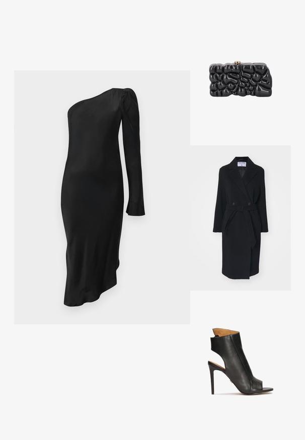 Schwarzer Wollmantel mit Reverskragen, doppelten Knöpfen und einem Taillengürtel. Mit langen Ärmeln und seitlichen Taschen. Strukturiert.; Schwarzes Midi-Kleid mit einem schulterfreien Design, langem Ärmel am rechten Arm und asymmetrischem Saum, figurbetonte Silhouette auf einfachem weißem Hintergrund.; Schwarze Leder-Sandaletten mit hohem Absatz, offen an der Zehe und mit ausgeschnittenem Design. Verfügt über einen Stiletto-Absatz und einen konturierten Knöchelbereich.; Glänzende schwarze Clutch mit abstrakter, strukturierter Oberfläche und kleinem Metallverschluss oben, vor weißem Hintergrund dargestellt.