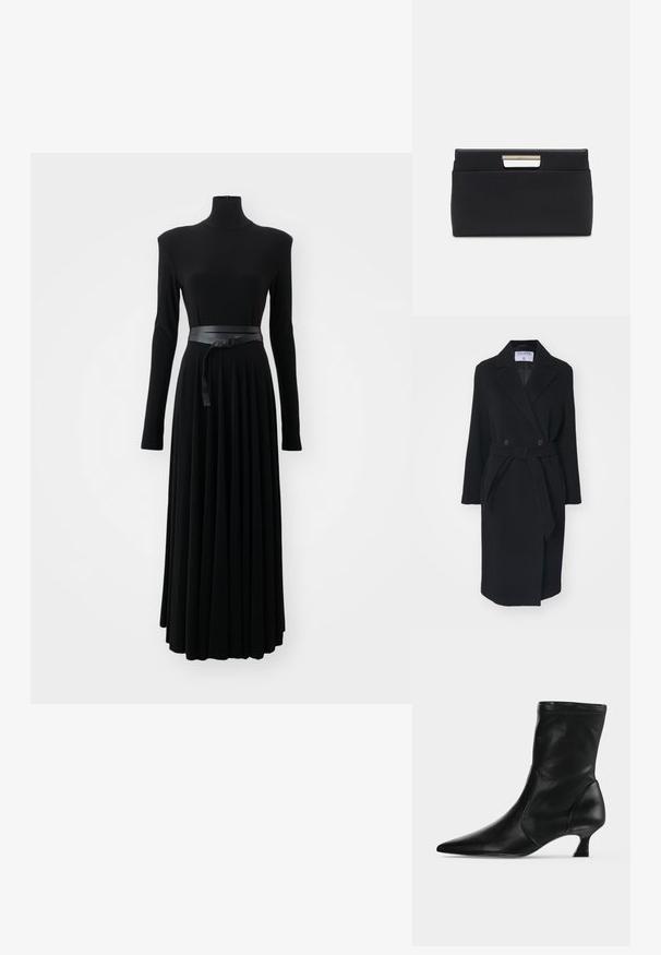 Zwarte wollen jas met een uitgesneden kraag, dubbele knopen en een tailleband. Bevat lange mouwen en zijzakken. Gestructureerde vorm.; Norma Kamali SHOULDER PAD TURTLE FLARED DRESS TO MIDCALF - Jerseyjurk - black; Zwarte leren midkuitlaars met spitse neus en lage kittenhak, zijaanzicht op een effen lichte achtergrond.; Zwart leren clutch tas met een rechthoekige vorm. Heeft een metallic handvataccent op de sluiting, een gladde textuur en een minimalistisch ontwerp.