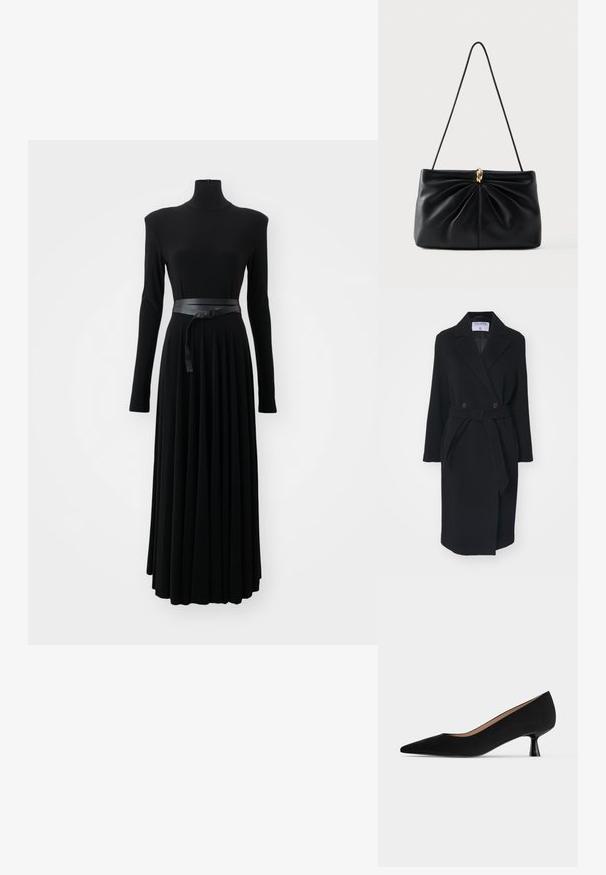 Zwarte wollen jas met een uitgesneden kraag, dubbele knopen en een tailleband. Bevat lange mouwen en zijzakken. Gestructureerde vorm.; Norma Kamali SHOULDER PAD TURTLE FLARED DRESS TO MIDCALF - Jerseyjurk - black; Zwarte damespump met lage hak, puntige neus, smalle, uitlopende kittenhak en een gladde matte afwerking, zijaanzicht.; Zwarte leren handtas met een gedraaide ontwerp aan de voorkant, een enkele band en een gouden metalen accent in het midden. Glad oppervlak.