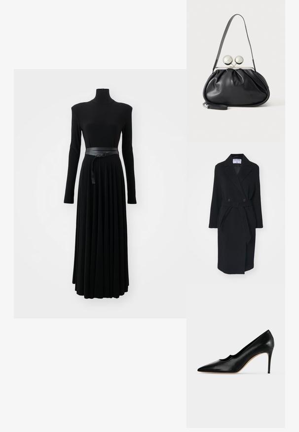 Zwarte wollen jas met een uitgesneden kraag, dubbele knopen en een tailleband. Bevat lange mouwen en zijzakken. Gestructureerde vorm.; Norma Kamali SHOULDER PAD TURTLE FLARED DRESS TO MIDCALF - Jerseyjurk - black; Zwarte leren spitse stiletto pump met geschulpte bovenzijde en beige zool tegen een effen lichte achtergrond.; Zwarte leren handtas met een geplooid ontwerp, een enkele schouderband, zilverkleurige metalen omlijsting en twee grote ronde zilveren sluitingen.