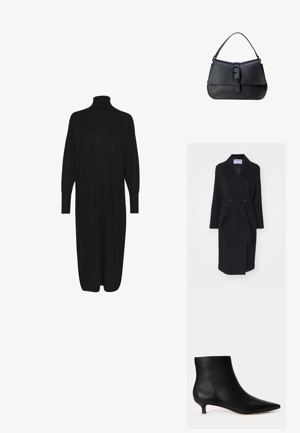 Manteau en laine noire avec un col à revers, des boutons croisés et une ceinture à la taille. Comprend des manches longues et des poches latérales. Coupe structurée.; Robe en tricot noir avec un col montant haut, des manches longues et une coupe décontractée. Texture lisse, longueur mi-mollet et sans motifs ni accents visibles.; Bottine en cuir noir à bout pointu et petit talon kitten sur fond uni gris clair.; Sac à main en cuir noir au design structuré, texture lisse, bandoulière ajustable et rabat avant avec détail de boucle.