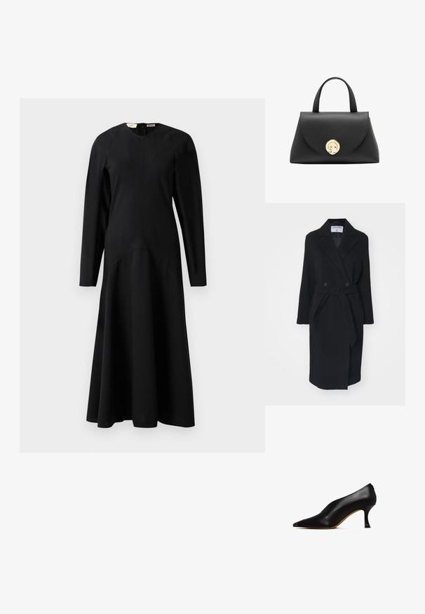 Manteau en laine noire avec un col à revers, des boutons croisés et une ceinture à la taille. Comprend des manches longues et des poches latérales. Coupe structurée.; Robe midi noire à manches longues avec un haut ajusté et une jupe évasée, dotée d'un col rond et d'une fermeture éclair au dos.; Chaussure à talon haut en cuir noir avec un bout pointu et un talon fin et courbé. Présente une texture lisse et un design minimaliste.; Sac à main en cuir noir avec une forme structurée, un dessus arrondi et un fermoir circulaire doré. Il dispose de petites poignées robustes et d'une texture lisse.