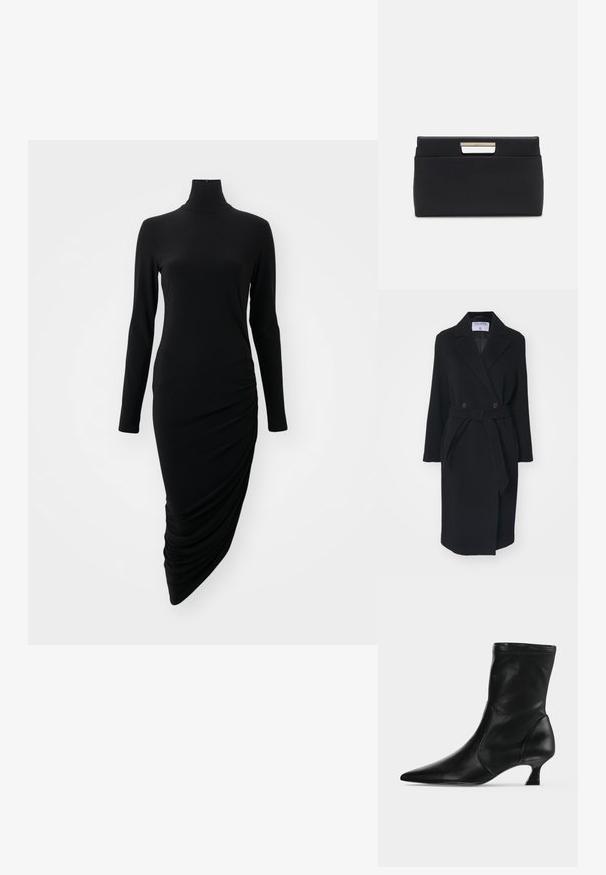 Schwarzer Wollmantel mit Reverskragen, doppelten Knöpfen und einem Taillengürtel. Mit langen Ärmeln und seitlichen Taschen. Strukturiert.; Schwarzes Langarmkleid mit hohem Kragen, das auf einer Seite ein gerafftes Design aufweist und aus einem glatten, dehnbaren Stoff gefertigt ist.; Schwarzer Leder-Stiefel bis zur Mitte der Wade mit spitzer Schuhspitze und niedrigem Kittenabsatz, seitlich auf hellem einfarbigem Hintergrund gezeigt.; Schwarze Leder-Clutch mit rechteckiger Form. Verfügt über einen metallischen Griffakzent am Verschluss, eine glatte Textur und ein minimalistisches Design.