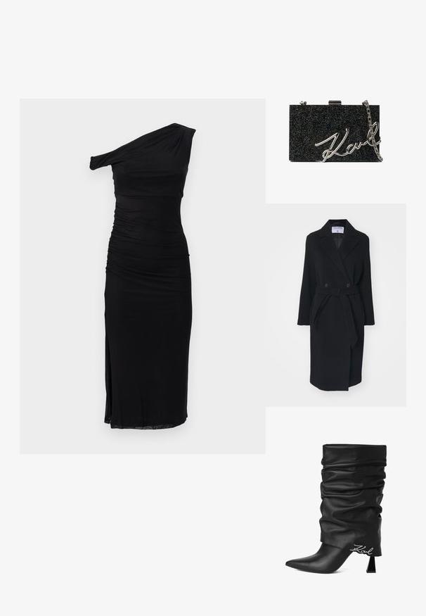 Schwarzer Wollmantel mit Reverskragen, doppelten Knöpfen und einem Taillengürtel. Mit langen Ärmeln und seitlichen Taschen. Strukturiert.; Schwarzes Ein-Schulter-Kleid mit Raffung, taillierter Passform, knielang und seitlichem Schlitz, aus weichem, elastischem Material.; Schwarzer legerer Lederstiefel mit hohem Absatz, spitzer Zehe und silbernem „Karl“-Logo nahe der Ferse auf weißem Hintergrund.; Schwarze Glitzer-Clutch mit silberner Kettenriemen und auffälligem "Karl"-Schriftzug auf der Vorderseite. Rechteckige Form, glatte Textur.