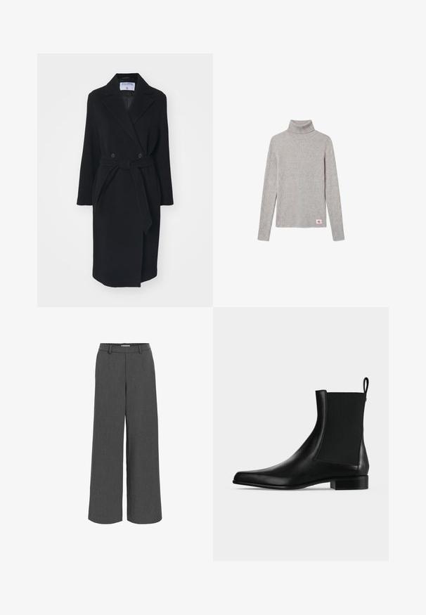 Manteau en laine noire avec un col à revers, des boutons croisés et une ceinture à la taille. Comprend des manches longues et des poches latérales. Coupe structurée.; Pull à col roulé côtelé gris clair à manches longues avec un petit écusson du logo CK rouge et blanc près de l'ourlet inférieur.; Pantalon large gris fabriqué en tissu texturé, avec une ceinture élastique et des poches avant pour un ajustement décontracté.; Botte Chelsea en cuir noir avec panneau latéral élastique, languette à l’arrière, talon bas empilé et bout pointu sur fond blanc.