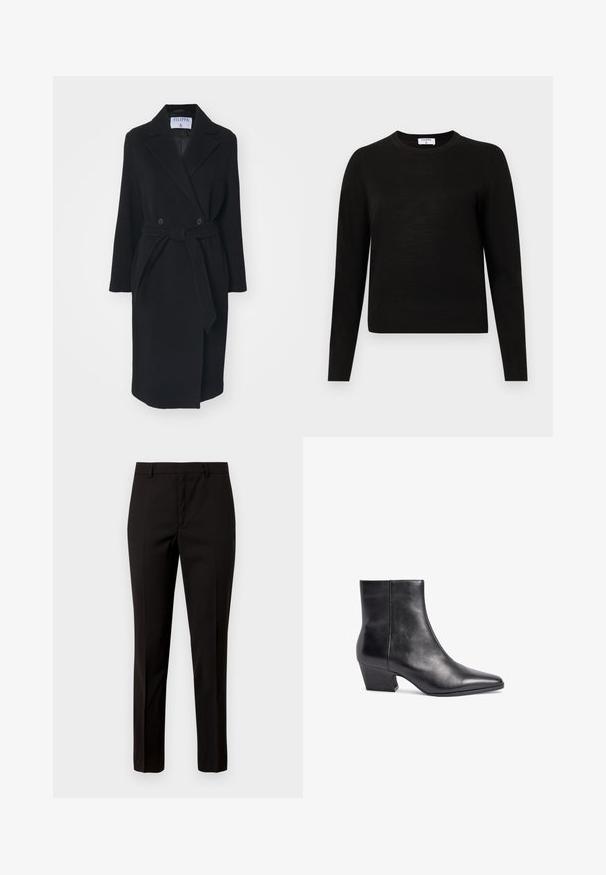 Sort uldfrakke med slagkrave, dobbeltradede knapper og bælte i taljen. Har lange ærmer og sidelommer. Har en struktureret form.; Sort langærmet sweater med rund hals, lavet af blødt strikstof, med ribbet kant og manchetter for et tætsiddende look.; Sorte skræddersyede bukser med lige ben-design, lavet af glat stof, med flad front og bæltestropper. Ingen synlige mønstre eller accenter.; Sorte læder ankelstøvler med spids tå, mellemhøj blokhæl og glat tekstur. Har et minimalistisk design uden synligt hardware.