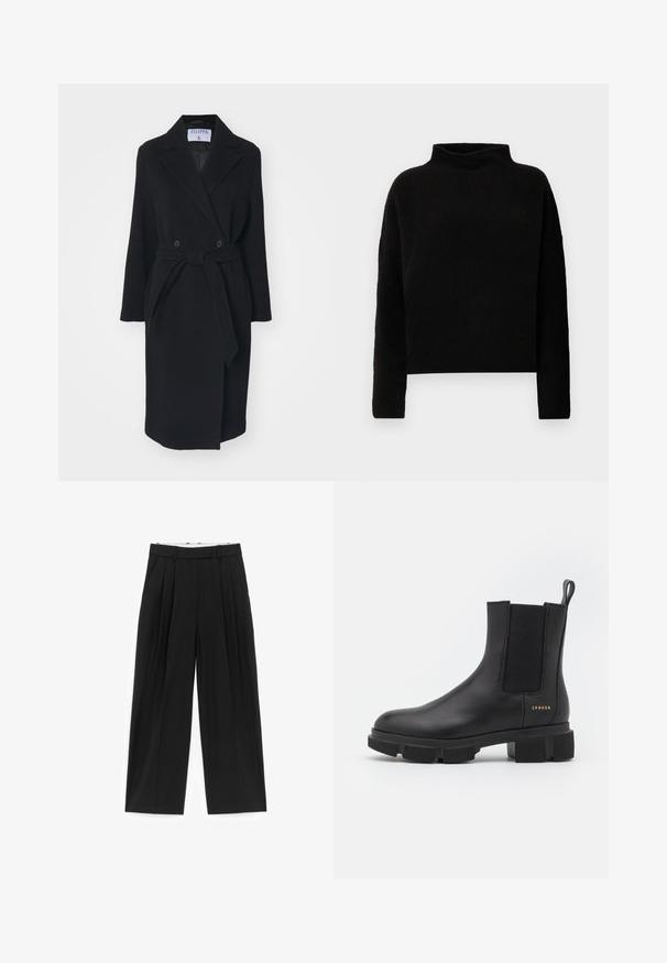 Manteau en laine noire avec un col à revers, des boutons croisés et une ceinture à la taille. Comprend des manches longues et des poches latérales. Coupe structurée.; Pull en col roulé noir en tissu doux, avec des manches longues et une coupe décontractée, présentant des coutures minimales et sans embellissements visibles.; Pantalon noir à jambes larges avec plis sur le devant, passants pour ceinture et poches latérales, conçu pour une coupe ajustée.; Bottines en cuir noir avec des panneaux élastiques sur les côtés et une semelle épaisse à crampons. Présentent une languette et un logo doré. Fini mat.