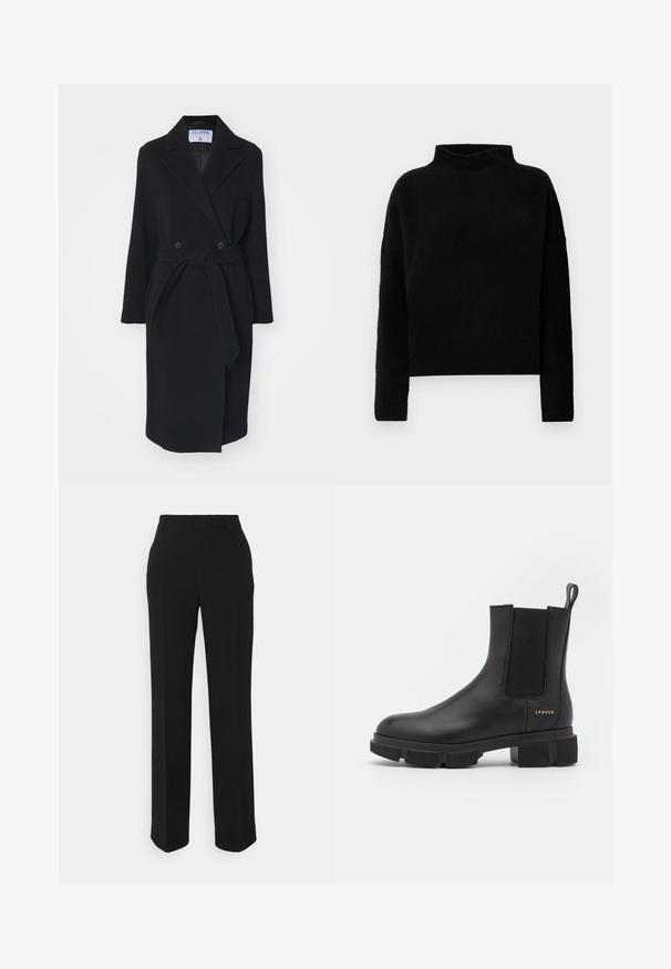 Manteau en laine noire avec un col à revers, des boutons croisés et une ceinture à la taille. Comprend des manches longues et des poches latérales. Coupe structurée.; Pull en col roulé noir en tissu doux, avec des manches longues et une coupe décontractée, présentant des coutures minimales et sans embellissements visibles.; Pantalons noirs à jambes droites avec une texture lisse. Dotés d'une taille et sans motifs ou accents visibles. Design classique et ajusté.; Bottines en cuir noir avec des panneaux élastiques sur les côtés et une semelle épaisse à crampons. Présentent une languette et un logo doré. Fini mat.