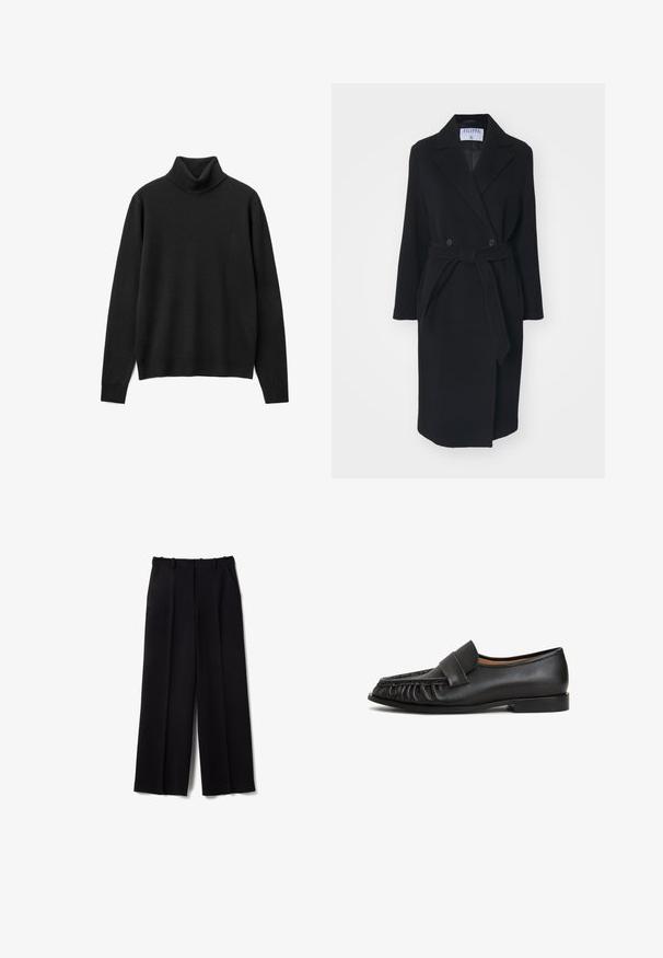 Manteau en laine noire avec un col à revers, des boutons croisés et une ceinture à la taille. Comprend des manches longues et des poches latérales. Coupe structurée.; Pull à col roulé noir en tricot doux. Doté de manches longues, d'une coupe décontractée et d'un design à col haut. Pas de motifs ni d'ornements.; Pantalon noir à jambes larges en tissu lisse, doté de plis, de poches latérales et d'une ceinture ajustée pour une coupe structurée.; Mocassins en cuir noir avec un bout arrondi, des détails plissés à l'avant et une semelle plate. Design minimaliste avec une texture lisse.
