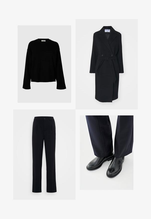 Abrigo de lana negro con cuello con muesca, botones de doble botonadura y cinturón en la cintura. Presenta mangas largas y bolsillos laterales. Forma estructurada.; Suéter negro con un corte holgado, mangas largas, cuello redondo y puños de canalé, hecho de una suave tela texturizada.; Pantalones negros con un diseño de pierna recta, que cuentan con pliegues delanteros y un cierre de botón, confeccionados en una tela suave. Líneas limpias en toda la prenda.; Botas Chelsea de cuero negro con un acabado elegante, suelas planas y paneles laterales elásticos, combinadas con pantalones oscuros a medida.