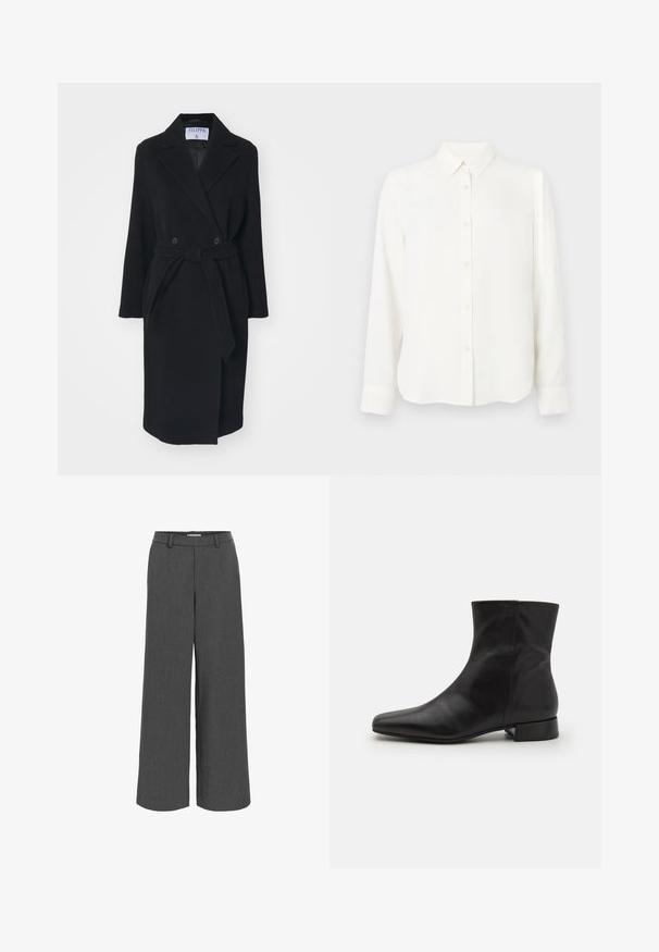 Manteau en laine noire avec un col à revers, des boutons croisés et une ceinture à la taille. Comprend des manches longues et des poches latérales. Coupe structurée.; Chemise blanche à manches longues, boutonnière, avec col et poignets, design simple et épuré, présentée sur un fond blanc.; Pantalon large gris fabriqué en tissu texturé, avec une ceinture élastique et des poches avant pour un ajustement décontracté.; Botte cheville en cuir noir avec un bout pointu, texture lisse, design minimaliste et un petit talon carré. La fermeture éclair sur le côté monte jusqu'à la cheville.