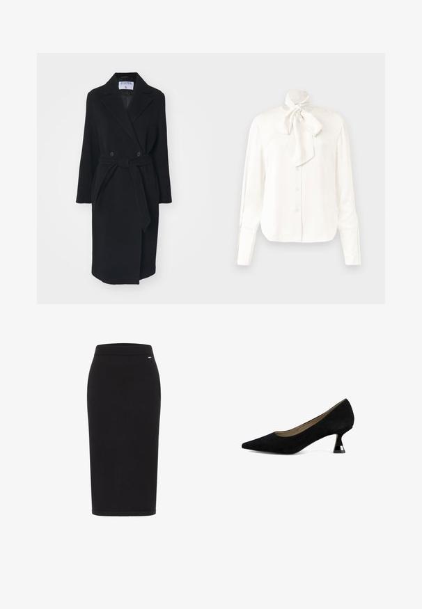 Manteau en laine noire avec un col à revers, des boutons croisés et une ceinture à la taille. Comprend des manches longues et des poches latérales. Coupe structurée.; Blouse blanche à manches longues en tissu léger avec col haut et un grand nœud au niveau du cou, dotée d'une fermeture à boutons sur le devant.; DreiMaster Jupe crayon - schwarz; Pompe à talons hauts en daim noir avec un bout pointu et un talon géométrique contrastant. Présente une silhouette épurée et une texture mate.