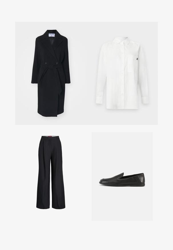 Manteau en laine noire avec un col à revers, des boutons croisés et une ceinture à la taille. Comprend des manches longues et des poches latérales. Coupe structurée.; Chemise blanche à manches longues en tissu mélangé coton, dotée d'un col à boutons, d'une poche avant et d'un petit logo noir sur la poitrine.; Pantalon large noir avec passants de ceinture et fermeture éclair à l'avant, présenté sur fond blanc.; Chaussures en cuir noir à enfiler, avec une finition lisse, un bout arrondi et un design minimaliste. Elles possèdent une semelle basse en caoutchouc flexible.