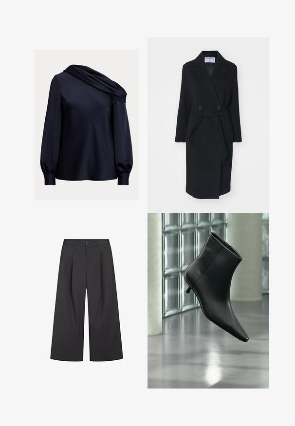 Sort uldfrakke med slagkrave, dobbeltradede knapper og bælte i taljen. Har lange ærmer og sidelommer. Har en struktureret form.; Marineblå bluse med en draperet asymmetrisk halsudskæring, lange puffærmer, glat satinmateriale og en tætsiddende kant.; Sort vide ben-korte bukser med knap- og lynlås, sidelommer og bæltestropper i taljen.; Sort læderankelstøvle med spids tå og lav kitten-hæ, vist vinklet mod en poleret gulv- og glasblokvæg.