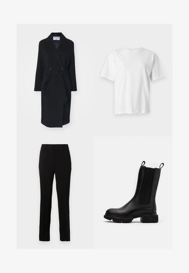 Manteau en laine noire avec un col à revers, des boutons croisés et une ceinture à la taille. Comprend des manches longues et des poches latérales. Coupe structurée.; T-shirt blanc uni à manches courtes et col rond, présenté à plat sur un fond gris clair.; Pantalons noirs ajustés en tissu lisse, présentant une coupe droite, des plis creux, des passants de ceinture et une fermeture éclair.; Bottine en cuir noir à panneaux élastiques sur les côtés, semelle en caoutchouc épaisse et tirants. Présente un logo subtilement embossé sur le côté.