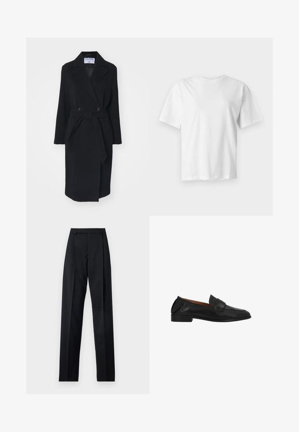 Manteau en laine noire avec un col à revers, des boutons croisés et une ceinture à la taille. Comprend des manches longues et des poches latérales. Coupe structurée.; T-shirt blanc uni à manches courtes et col rond, présenté à plat sur un fond gris clair.; Pantalon noir en tissu lisse avec taille haute, jambes larges, plis à l'avant et passants de ceinture classiques. Pas de poches latérales visibles.; Mocassin noir en cuir à enfiler avec un petit talon, bout arrondi et une bride cousue sur le dessus.