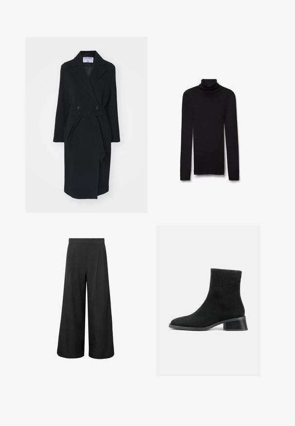 Abrigo de lana negro con cuello con muesca, botones de doble botonadura y cinturón en la cintura. Presenta mangas largas y bolsillos laterales. Forma estructurada.; Jersey negro de cuello alto de manga larga con textura acanalada, ajustado, cuello doblado y bajo recto sobre un fondo blanco.; Pantalones negros de pierna ancha y talle alto, cortos, con pliegues delanteros y cintura ajustada, mostrados sobre un fondo blanco.; Botín de ante negro hasta el tobillo con punta redondeada, caña corta y tacón bajo apilado. Textura suave sin patrones ni adornos visibles.