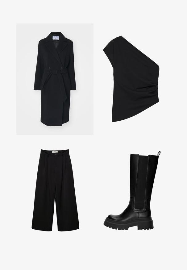 Manteau en laine noire avec un col à revers, des boutons croisés et une ceinture à la taille. Comprend des manches longues et des poches latérales. Coupe structurée.; Top noir à une épaule en tissu extensible, avec un détail froncé sur le côté et un ourlet asymétrique. Texture lisse avec un léger tombé.; Pantalon noir à jambes larges avec taille haute, présentant des plis à l'avant, deux poches latérales et une fermeture par bouton. Texture de tissu lisse.; Bottes en cuir noir hautes jusqu'aux genoux avec panneaux latéraux élastiques, semelle en caoutchouc robuste et un talon épais. Texture lisse avec des détails de couture minimaux.
