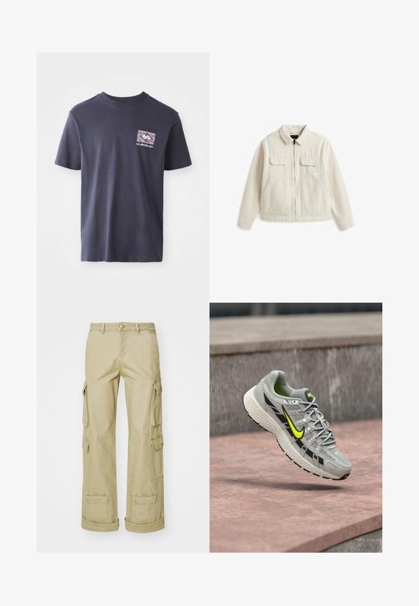 Beige Reißverschlussjacke mit Kragen, zwei Brustklappentaschen und zwei Seitentaschen, flach auf weißem Hintergrund.; Marineblaue Baumwoll-T-Shirt mit Rundhalsausschnitt und kurzen Ärmeln. Mit einem geometrischen Grafikdruck in Lila und Weiß auf der linken Brust.; Beige Cargo-Hosen aus strapazierfähigem Material, mit mehreren Seitentaschen, einem Knopfverschluss und einem lässigen Schnitt.; Grauer Nike-Laufschuh mit schwarzen und neon-gelben Akzenten, schwebt in der Luft über einer strukturierten Betonoberfläche.