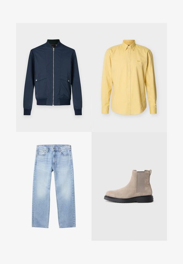 Veste bomber bleu marine en tissu lisse, dotée d'une fermeture éclair à l'avant, d'un col et de poignets côtelés, ainsi que de deux poches frontales avec des détails métalliques argentés.; Chemise à manches longues jaune clair avec col boutonné et petit logo brodé "BOSS" sur le côté gauche de la poitrine.; Jean droit en denim bleu clair avec poches avant, passants pour ceinture, fermeture par boutons et une petite étiquette Calvin Klein sur la poche avant droite.; Bottine Chelsea en daim beige avec des panneaux élastiques sur les côtés, une languette de tirage et une semelle en caoutchouc noir. Design élégant avec un bout arrondi.