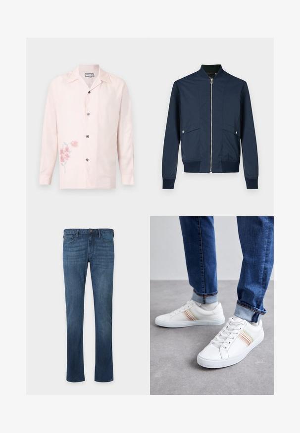 Veste bomber bleu marine en tissu lisse, dotée d'une fermeture éclair à l'avant, d'un col et de poignets côtelés, ainsi que de deux poches frontales avec des détails métalliques argentés.; Chemise rose pâle à manches longues avec boutons, col cranté et petit imprimé floral rose en bas à gauche.; Jean en denim bleu à coupe droite avec poches avant, passants pour ceinture et fermeture par bouton, présenté sur un fond clair uni.; Baskets en cuir blanc avec des rayures multicolores, design à lacets, semelle en caoutchouc et col rembourré, associées à un jean en denim bleu.