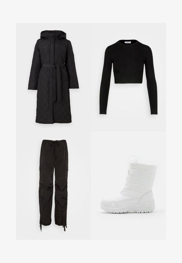Polstret sort lang frakke med diamantquiltet mønster, fast hætte og en bundet bælte i taljen. Har lange ærmer og sidelommer.; WAL G. X JOEY BACK DETAIL - Langærmet T-shirt - black; Monki Cargobukser - black dark svart; Hvide vandtætte vinterstøvler med en polstret overdel, tekstureret design, justerbare snørebånd og en robust gummisål for godt fæste.