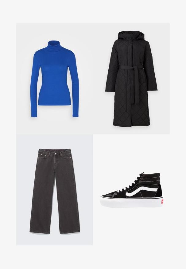 Polstret sort lang frakke med diamantquiltet mønster, fast hætte og en bundet bælte i taljen. Har lange ærmer og sidelommer.; Blå langærmet turtleneck top lavet af ribbet materiale, med en tætsiddende silhuet og glat tekstur. Ingen yderligere detaljer til stede.; Vidbenede sorte denimjeans med kobbernitter, fem lommer og knaplukning. Blød, robust tekstur med lige snit fra talje til kant.; Sorte høj-top sneakers med hvide snørebånd, et hvidt logo og kontrasterende hvid syning. Har en tyk hvid sål og struktureret ruskindsoverdel.