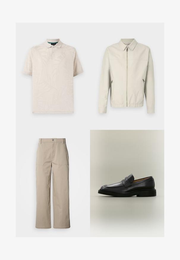 Chaqueta bomber gris claro con cierre frontal, cuello de punta, dos bolsillos laterales y puños elásticos. Tejido suave con un diseño sencillo y minimalista.; Polo beige hecho de una tela texturizada que presenta un sutil patrón de hojas de palma. Tiene un cuello clásico y dos botones en el cuello.; Pantalones beige de pierna ancha hechos de algodón; cuentan con bolsillos frontales de parche, cierre con botón y costuras visibles a lo largo de los dobladillos.; Mocasín de hombre de cuero negro con tacón bajo y detalle de correa en la parte superior, mostrado de perfil sobre un fondo neutro.