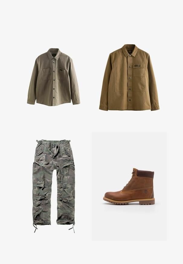 Camisa de botón en verde olivo, hecha de algodón. Presenta dos bolsillos en el pecho, botones en el frente y un cuello clásico con una textura suave.; Chaqueta de lona marrón con cuello tipo solapa, cierre frontal de botones, dos bolsillos en el pecho y tejido texturizado. Diseño inspirado en el estilo militar.; Pantalones cargo camuflados en verde y gris, con múltiples bolsillos, cintura elástica, puños de tobillo ajustables y un corte relajado.; Botas de senderismo de cuero marrón con un acabado suave, tobillo acolchado, ojales de metal y suela de goma con un patrón de tracción robusto.