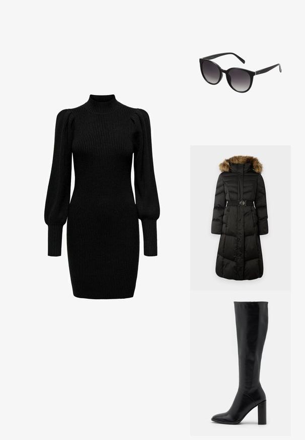 Schwarz, langer, gepolsterter Wintermantel mit Kapuze aus Kunstfell, durchgehendem Reißverschluss, Seitentaschen und elastischem Gürtel mit dekorativer Schnalle in der Taille.; Schwarzes Strickkleid mit hohem Kragen, langen Puffärmeln und gerippter Textur. Enganliegende Form, die bis zur Mitte des Oberschenkels reicht. Keine sichtbaren Muster oder Akzente.; Knielange schwarze Lederstiefel mit spitzer Zehe und klobigem Absatz. Glatte Textur mit minimalen Akzenten und einem enganliegenden Schaftdesign.; Schwarze Cat-Eye-Sonnenbrille mit Verlaufsgläsern, Kunststoffrahmen, glatter Oberfläche und silberner Akzentverzierung an den Bügeln.