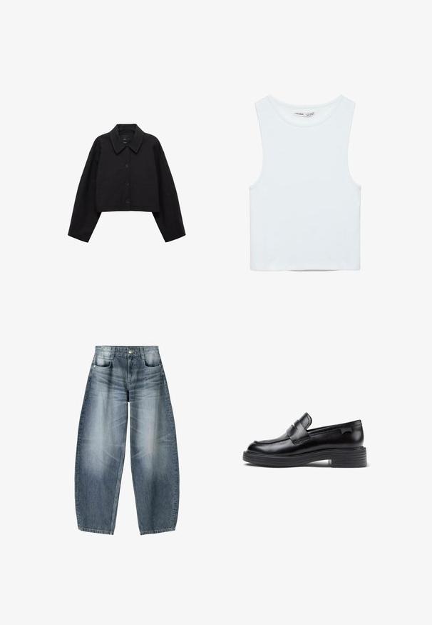 Sort cropped jakke lavet af glat stof, med spids krave, knaplukning og to frontlommer. Vidde ærmer og skræddersyet pasform.; Hvid ærmeløs crop top med rund halsudskæring, lavet af glat stof, mærket Pull&Bear, egnet til afslappet brug.; Bredde jeans lavet af lyseblå denim med falmning, der har et fem-lomme design, knaplukning og minimale syninger.; Sorte læder loafers med en rund tå, der har et syet design og en kraftig gummisål. Accenteret med en dekorativ strop.