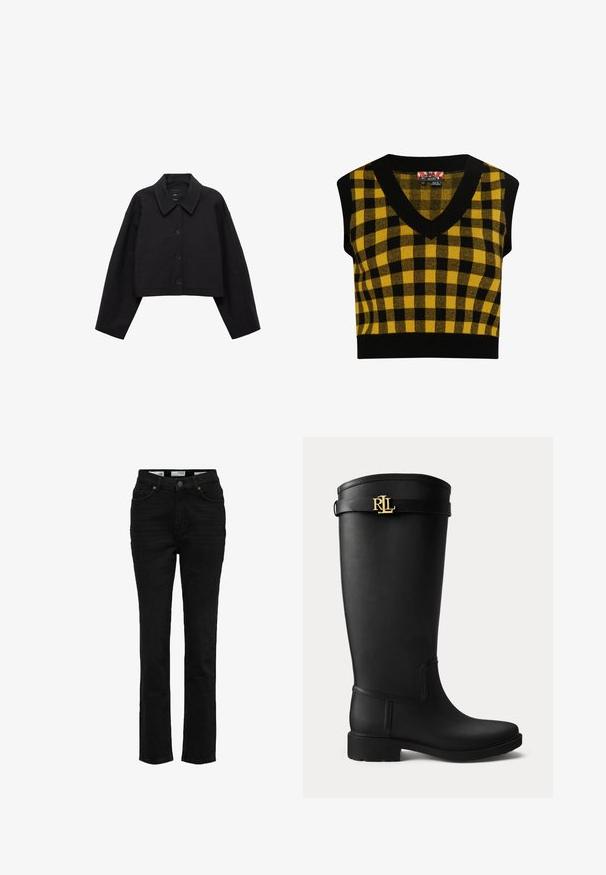 Sort cropped jakke lavet af glat stof, med spids krave, knaplukning og to frontlommer. Vidde ærmer og skræddersyet pasform.; Sort og gulternet cropped vest med V-hals, strikket materiale og ribbet sort nederdel. Ingen ærmer. Etiketten er synlig indeni halsudskæringen.; Sorte denim jeans med høj talje, lige ben, fem-lomme design og metalknap lukning. Glat tekstur med minimal falming.; Sort knæhøj gummistøvle med lav hæl og en guldfarvet RLL-logo spænde nær toppen på en ensartet lys baggrund.