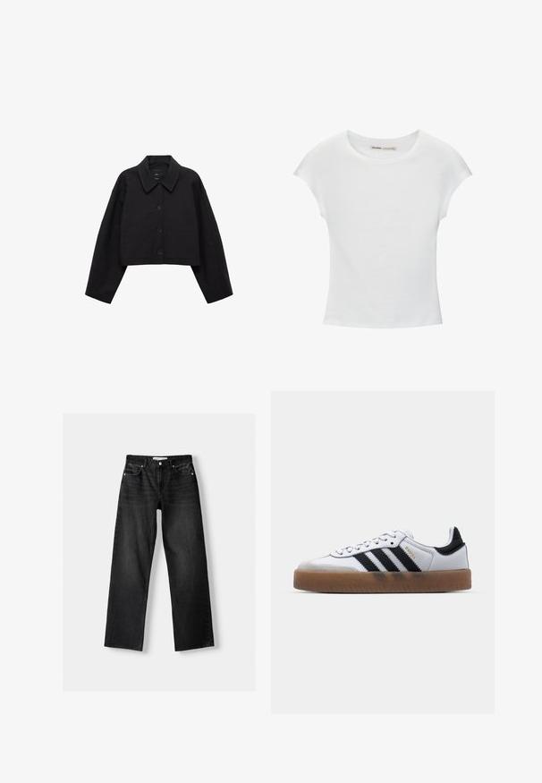 Sort cropped jakke lavet af glat stof, med spids krave, knaplukning og to frontlommer. Vidde ærmer og skræddersyet pasform.; Hvid bomuld t-shirt med korte, opsmøgede ærmer, rund halsudskæring og lige kant. Glat tekstur uden synlige mønstre eller detaljer.; Bershka Jeans Straight Leg - mottled dark grey; Hvide lædersneakers med sorte striber, gummirubber sål, rund tå, snørelukning og blød grå ruskinds tåhætte.