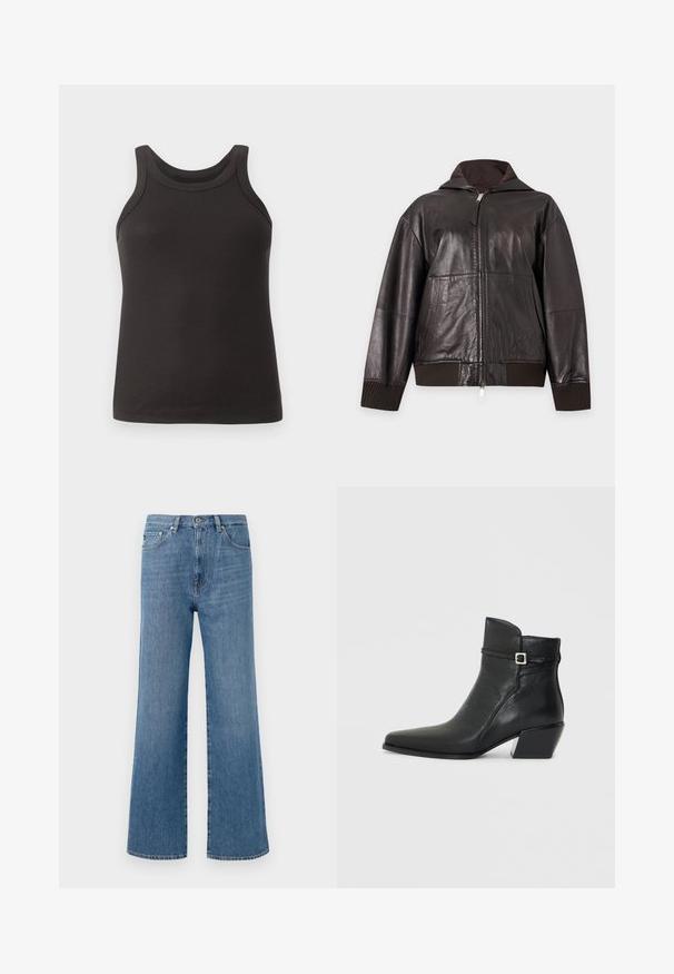 Dunkelbraune Lederjacke mit Reißverschluss, Stehkragen, gerippten Bündchen und Saum sowie dezentem Taschen- und Markenprägung auf der Vorderseite.; Schwarzes, geripptes Tanktop mit rundem Ausschnitt und breiten Trägern. Hergestellt aus einem weichen, elastischen Stoff und mit einer figurbetonten Passform.; Hellblaue Denim-Hosen im weiten Bein mit hoher Taille, ausgestattet mit einem Frontknopfverschluss, fünf Taschen und einem sauberen Saumabschluss.; Schwarze Lederstiefeletten mit spitzem Schuhblatt, niedrigem Blockabsatz und einem dekorativen Riemen mit silberner Schnalle. Glatte Textur.