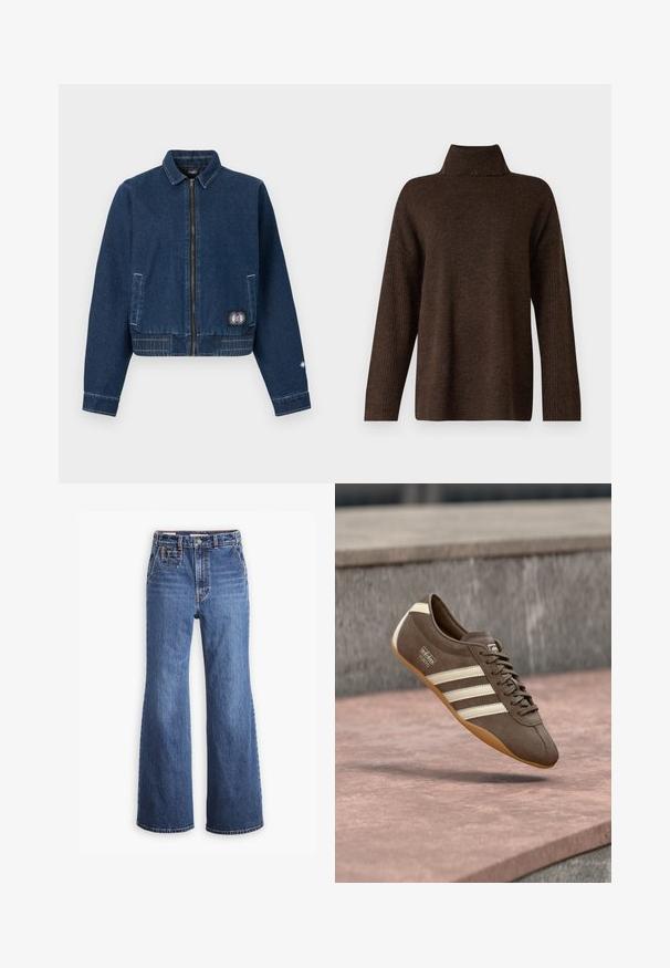 Chaqueta de mezclilla azul oscuro con cremallera frontal, dos bolsillos laterales, dobladillo con costuras y un pequeño parche de sol cerca del bolsillo inferior derecho.; Suéter marrón de punto con un alto cuello acanalado, mangas anchas y una textura suave. Presenta un corte relajado y detalles acanalados en las mangas.; Pantalones vaqueros de denim azul de cintura alta con un diseño de pierna ancha, que cuentan con un bolsillo delantero, cierre de botón de bronce y costuras en contraste.; Zapatilla de ante marrón con rayas blancas y marca, con puntera redonda y suela de goma color caramelo, suspendida sobre una superficie texturizada.