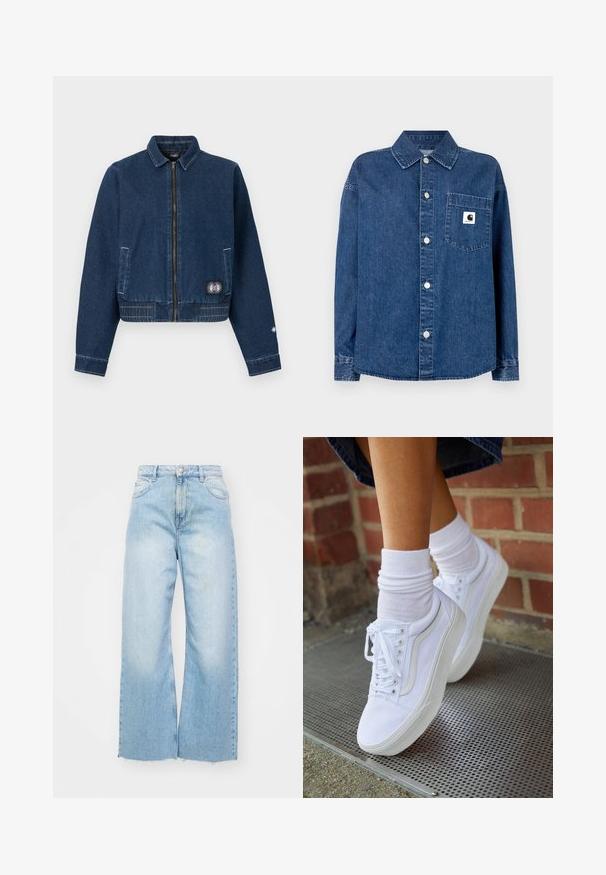 Mørkeblå denimjakke med frontlynlås, to sidelommer, syet kant og et lille solpatch nær den nederste højre lomme.; Denimskjorte i mørkeblå med knaplukning foran, spidst krave, lange ærmer og en brystlomme med et logo-badge. Glat tekstur.; Lyseblå vidde jeans lavet af denim, med høj talje, falmede detaljer, knaplukning og rå kant i bunden.; Hvide lærreds sneakers med gummisåler, der har seks snørehuller, rund tå og let sømdetaljer, krydret med hvide ankelstrømper.