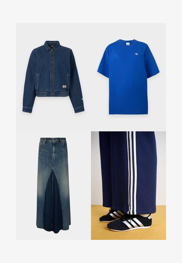Tummansininen denimtakki, jossa on etuvetoketju, kaksi sivutaskua, ommeltu helma ja pieni aurinkopilkku lähellä oikean alalokeron reunaa.; Sininen lyhythihainen Adidas T-paita pyöreällä kaula-aukolla, vasemmassa rintapielessä pieni valkoinen Adidas-trefoil-logo.; Sininen farkku maksi-hame, jossa on etuosa käänteinen laskos, vyölenkit, nappi- ja vetoketjukiinnitys sekä haalistu wash-yksityiskohdat.; Laivastonsiniset collegehousut, joissa on kolme valkoista pystysuoraa raitaa, ja mustat urheilukengät, joissa on hopeiset raidat ja teksturoitu pinta. Keltainen lattia.