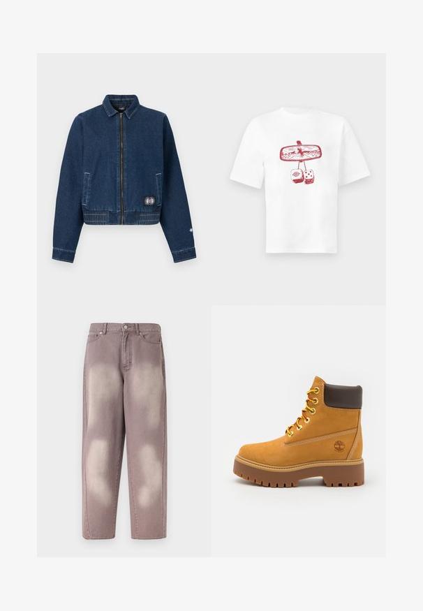 Mørkeblå denimjakke med frontlynlås, to sidelommer, syet kant og et lille solpatch nær den nederste højre lomme.; Hvid T-shirt med rød grafik af et bakspejl, der viser en cowboy på en hest og to bløde terninger hængende under det.; Lilla falmet denimjeans med høj talje, knaplukning og to forlommer, vist på en ensfarvet baggrund.; Tan vandtæt ankelstøvle med en robust gummisål, rund tå, brun læderkrave, gule snørebånd og et logo på siden.