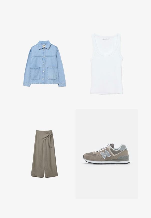 Lyseblå denimjakke med lange ærmer, knapper foran, to store frontlommer med lap, og en klassisk krave.; Hvid, ærmeløs top med rund halsudskæring, lavet af blødt stof. Mærkat indeni kraven viser mærke og størrelsesoplysninger.; Bredbuksbukser i taupe med højt talje og en stofknude-detalje på højre side.; Brune ruskind sko med grå meshenheder, hvide snørebånd og et gråt 'N'-logo. Gummisåler med et let mønster for bedre greb.
