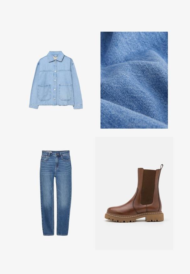 Lyseblå denimjakke med lange ærmer, knapper foran, to store frontlommer med lap, og en klassisk krave.; Lyseblåt denimstof med en blød tekstur, der viser et subtilt vævemønster og let drapering.; Blå denim jeans med lige ben design, fem-lomme stil og høj talje. Har let falmede områder og kontrasterende syning.; Brune læder ankelstøvle med elastiske paneler og en trækflap. Har en kraftig gummisål og synlige stikninger langs kanterne.