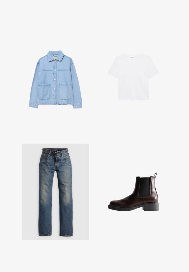 Lyseblå denimjakke med lange ærmer, knapper foran, to store frontlommer med lap, og en klassisk krave.; Hvid kortærmet T-shirt med rund hals, i almindelig pasform uden synlige mønstre eller logoer.; Blå denimjeans med lige ben, der har synlige sømme, en lynlås, og fem lommer. Udsatte områder tilføjer tekstur.; Brune læder ankelstøvle med elastiske sidepaneler, rund tå og en struktureret sort gummisål. Har kontrasterende syninger og en trækflap.