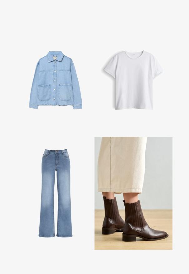 Hellblaue Jeansjacke mit langen Ärmeln, durchgehenden Druckknöpfen vorne, zwei großen aufgesetzten Taschen vorne und einem klassischen Kragen.; Schlichtes weißes Baumwoll-T-Shirt mit kurzen Ärmeln und Rundhalsausschnitt, flach liegend mit leichtem Schatten auf weißem Hintergrund.; Hellblaue weit geschnittene Jeans aus Denim. Verfügt über einen Knopfverschluss, fünf Taschen und Akzente durch Sticherei. Glatte Textur mit leichter Ausbleichung.; Pavement SHANI - Stiefelette - brown