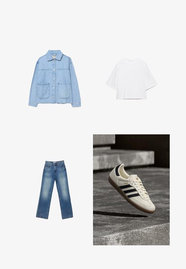 Lyseblå denimjakke med lange ærmer, knapper foran, to store frontlommer med lap, og en klassisk krave.; Hvid, kortærmet, løs t-shirt lavet af blød bomuld. Har rund halsudskæring og brede ærmer, med et rent, enkelt design.; Blå denim wide-leg jeans med en falmet finish, fem lommer, synlig syning, knap- og lynlåslukning, samt en lige pasform.; Hvid Adidas Samba sneaker med sorte striber og gummsål, svævende over teksturerede grå betonstrin.