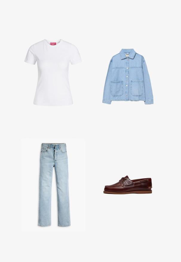 Lyseblå denimjakke med lange ærmer, knapper foran, to store frontlommer med lap, og en klassisk krave.; Hvid slimfit t-shirt med korte ærmer og rund halsudskæring med en lyserød JJXX-label indeni kraven, vist mod en ensfarvet baggrund.; Lyseblå denimjeans med lige ben-design, fem-lommestil, metalknapper og en let slidt tekstur på stoffet.; Brun læder bådsko med snørre, syningsdetaljer og Timberland-logo på siden, vist på en hvid baggrund.