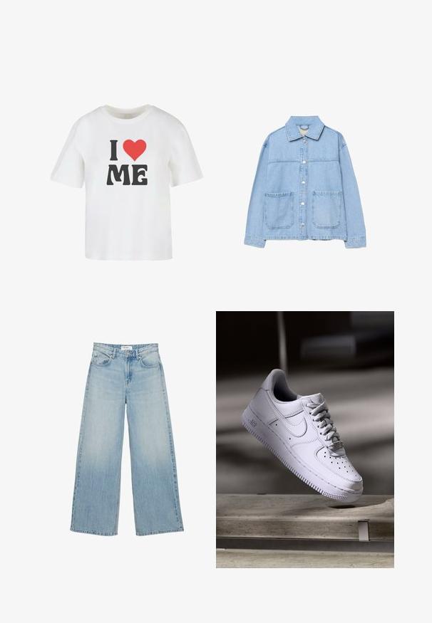 Lyseblå denimjakke med lange ærmer, knapper foran, to store frontlommer med lap, og en klassisk krave.; Hvid bomulds t-shirt med korte ærmer, med fed sort tekst "I," et rødt hjerte, og "ME" i en uformel skrifttype.; Lyseblå højtaljede jeans med vide ben, forlommer, knaplukning og bæltestropper på en hvid baggrund.; Hvid Nike Air Force 1 sneaker svævende over en betonoverflade med skygger i et minimalistisk miljø.