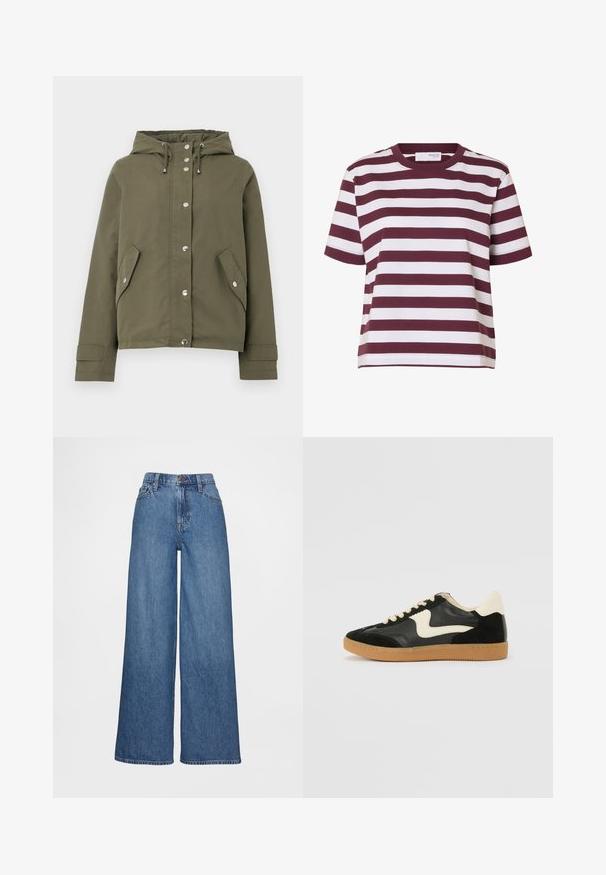 Oliven grøn hættejakke med frontknapper, snorelukning og skrå klaplommer på hver side.; Kortærmet T-shirt med rund hals med brede, vandrette hvide og mørkerøde striber.; Vidbenede jeans i mediumblåt denim, med høj talje, bæltestropper og knaplukning. Glat tekstur med få syningsdetaljer.; Sorte ruskinds- og lædersneakers med en cremefarvet side-swoosh og lys cremefarvet hæl. Har beige snørebånd og en gummirubber-sål.