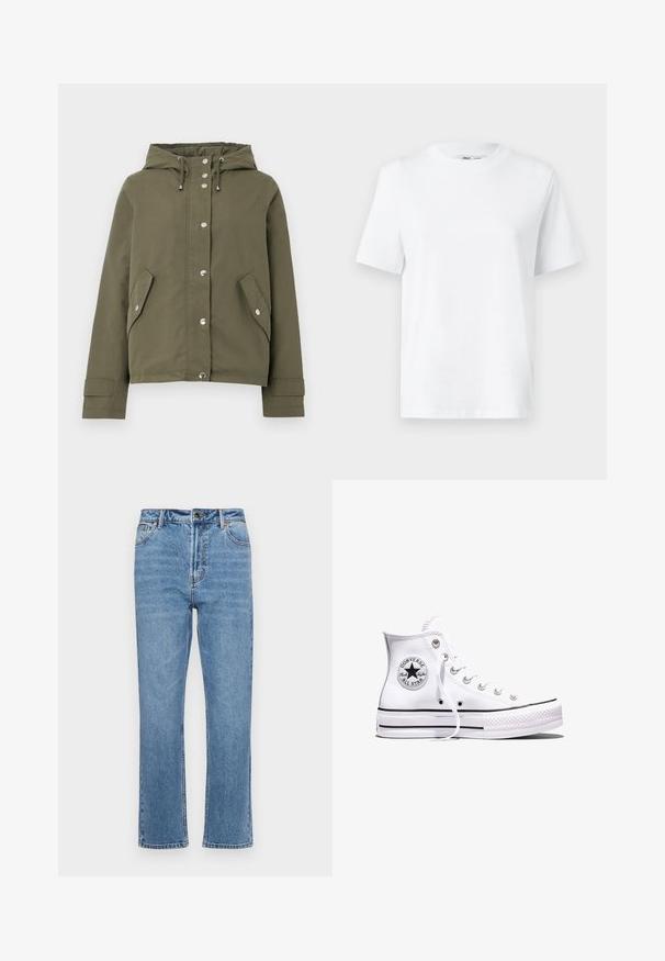 Oliegroene hooded jack met voorste drukknoopsluiting, trekkoordsluiting en schuine klepzakken aan elke kant.; Witte katoenen T-shirt met ronde hals, korte mouwen en een gladde textuur. Ontworpen met een comfortabele en veelzijdige relaxte pasvorm.; Lichtblauwe denim jeans met een rechte pijp, vijf zakken, een sluiting met een knoop aan de voorkant en subtiele vervaging op de stof.; Witte Converse Chuck Taylor All Star sneaker met hoge schacht, zwarte strepen en logo-patch aan de zijkant, weergegeven tegen een effen witte achtergrond.