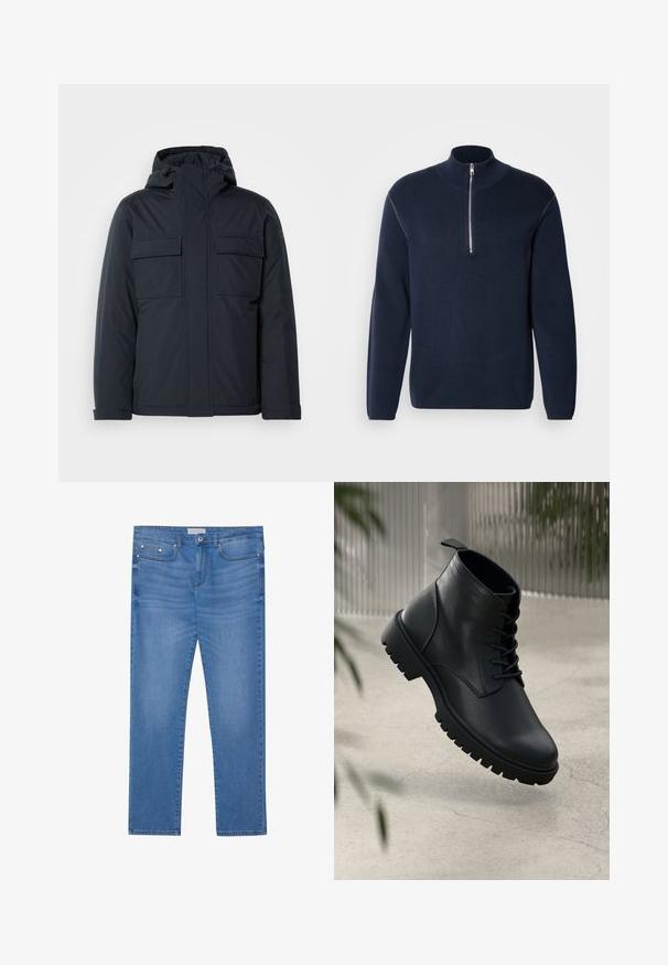 Marineblauwe geïsoleerde jas met capuchon, voorzien van twee grote voorkeurszakken en een gladde, matte afwerking. Met ritssluiting aan de voorkant.; Marineblauwe gebreide trui met halve rits en hoge kraag. Heeft lange mouwen en een gladde textuur, met minimale accenten en zonder patronen.; Lichtblauwe spijkerbroek met een rechte pijp, vijf zakken, subtiele vervaging en metalen accenten op de taille en zakken.; Zwarte leren enkelboots met een ronde neus, vetersluiting en robuuste rubberen zool. Gladde textuur met een bevestigingslus aan de achterkant.